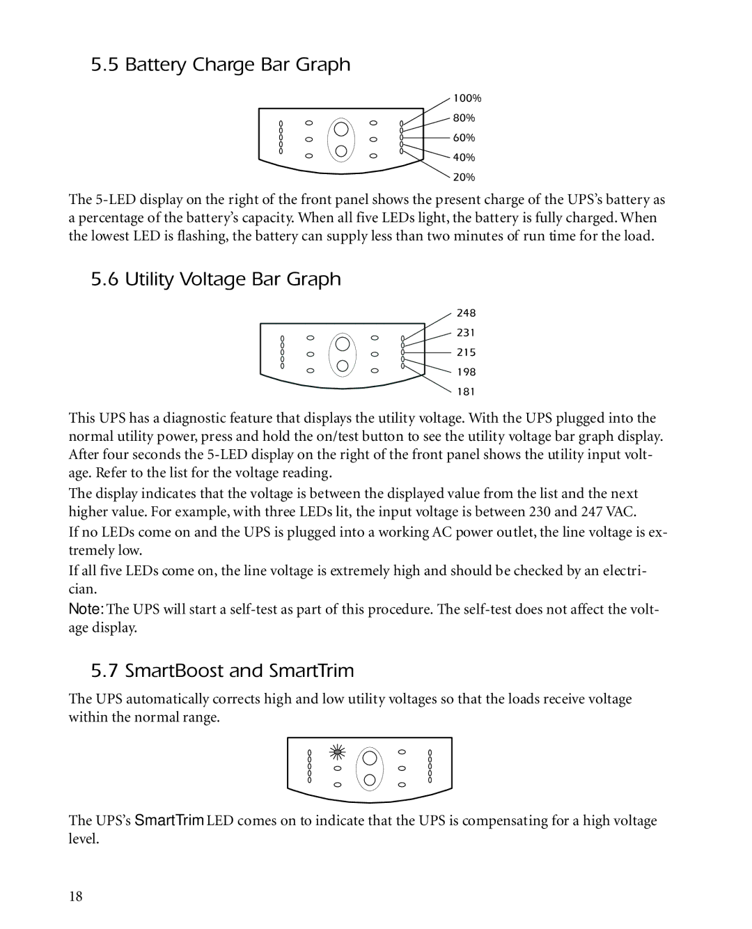 APC 1400XLT, 3000XLT, 2200XLT user manual Battery Charge Bar Graph, Utility Voltage Bar Graph, SmartBoost and SmartTrim 