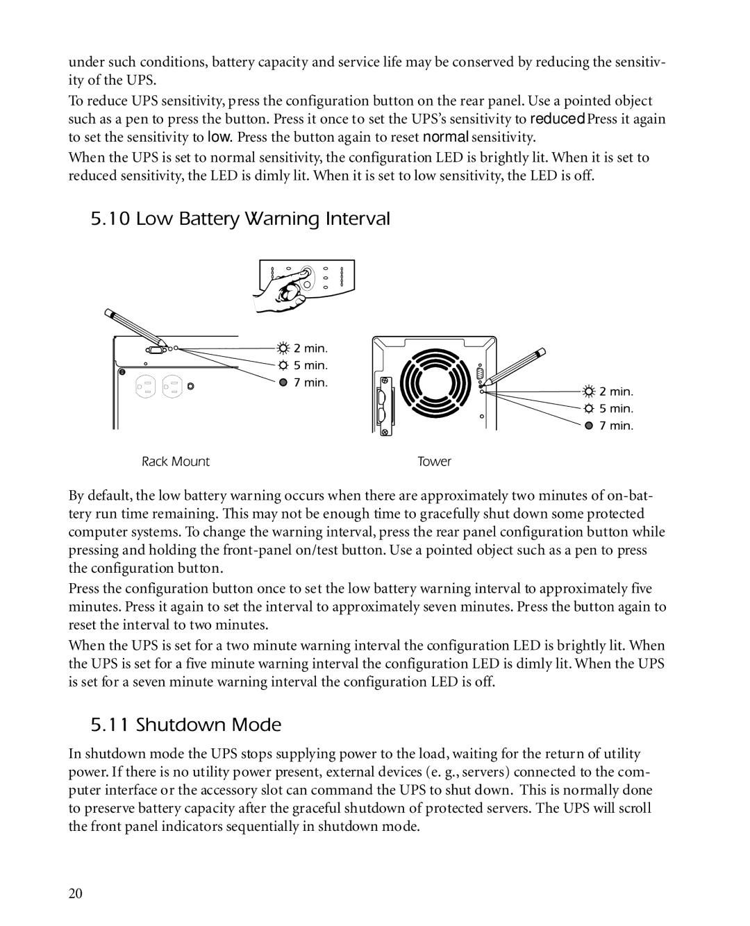 APC 2200XLT, 3000XLT, 1400XLT user manual Low Battery Warning Interval, Shutdown Mode 