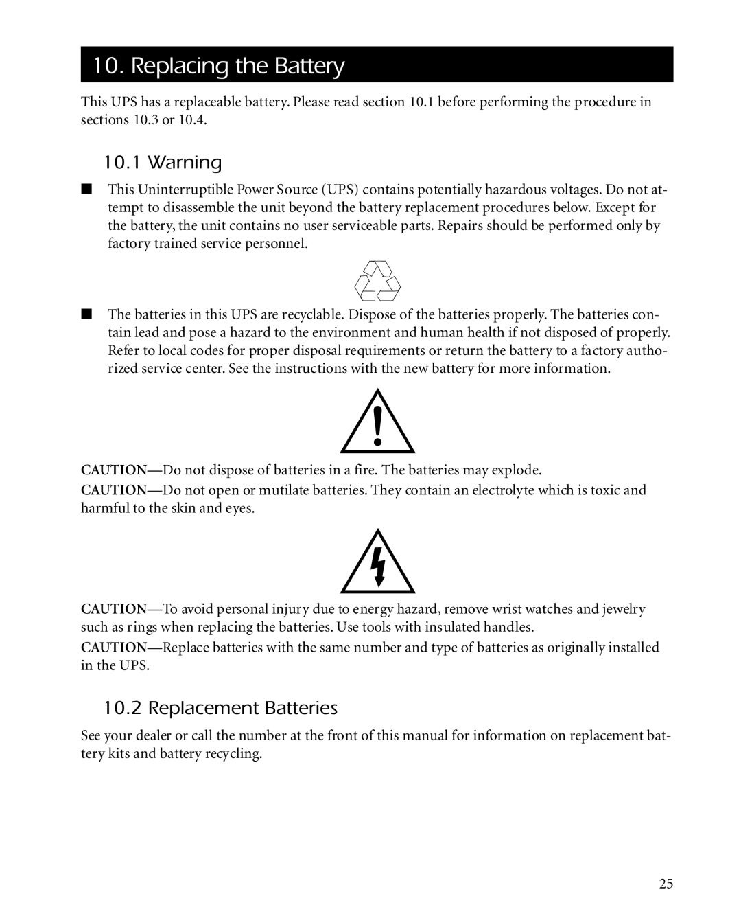 APC 3000XLT, 2200XLT, 1400XLT user manual Replacing the Battery, Replacement Batteries 