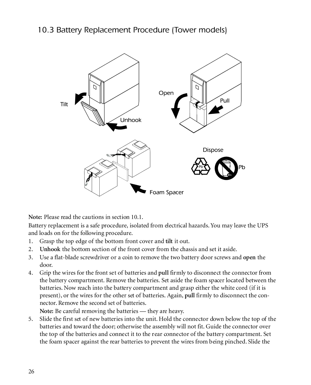 APC 2200XLT, 3000XLT, 1400XLT user manual Battery Replacement Procedure Tower models 