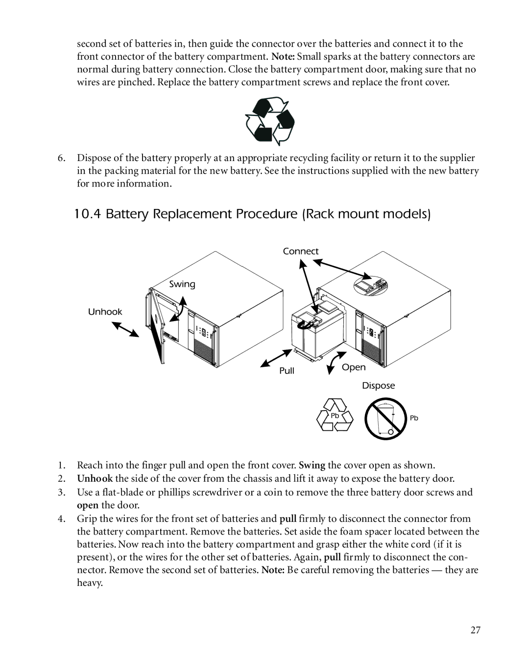 APC 1400XLT, 3000XLT, 2200XLT user manual Battery Replacement Procedure Rack mount models 