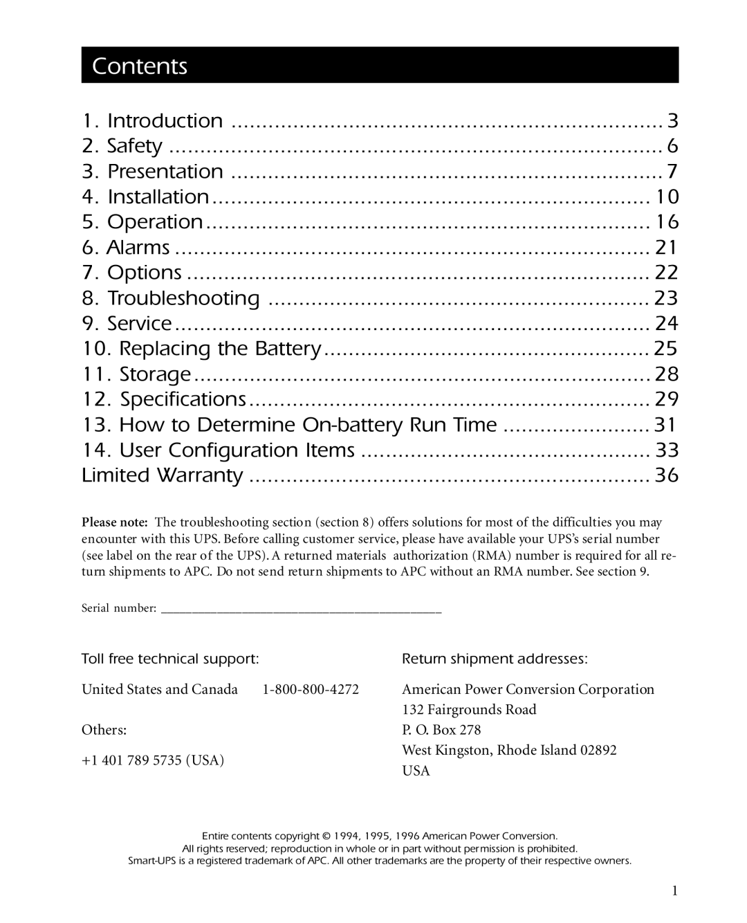 APC 3000XLT, 2200XLT, 1400XLT user manual Contents 