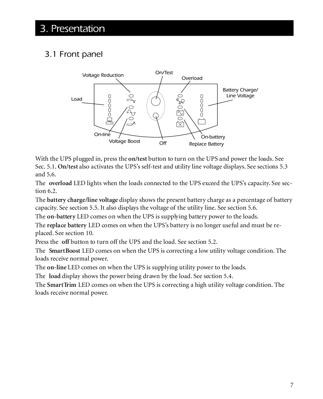 APC 3000XLT, 2200XLT, 1400XLT user manual Presentation, Front panel 