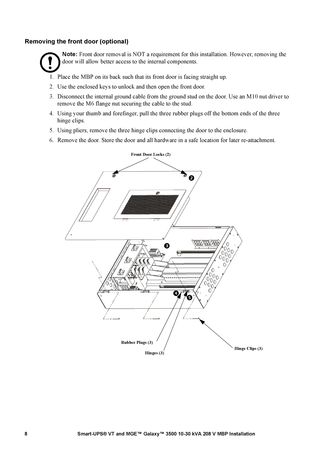 APC 3500 manual Removing the front door optional,   