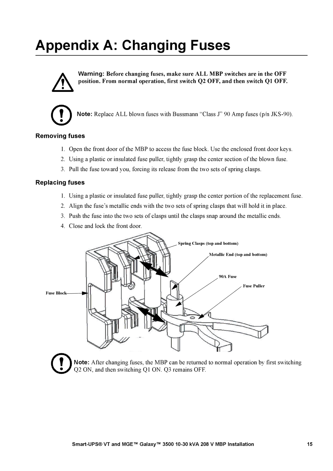 APC 3500 manual Appendix a Changing Fuses, Removing fuses, Replacing fuses 