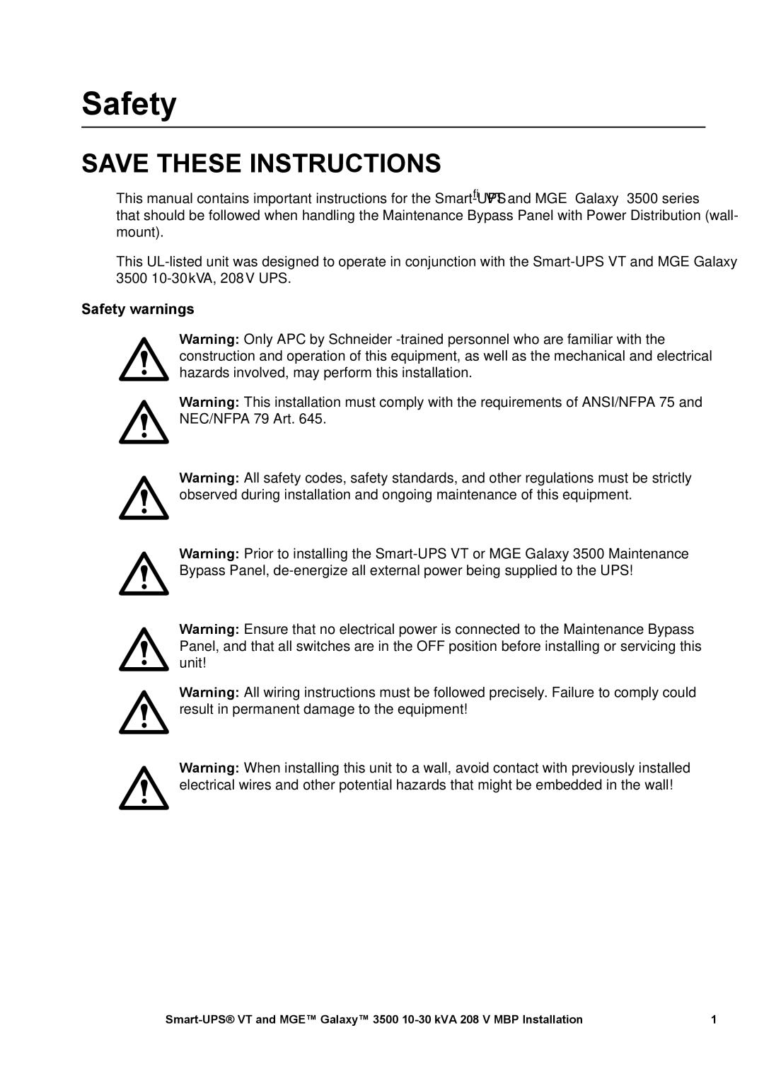 APC 3500 manual Safety warnings 