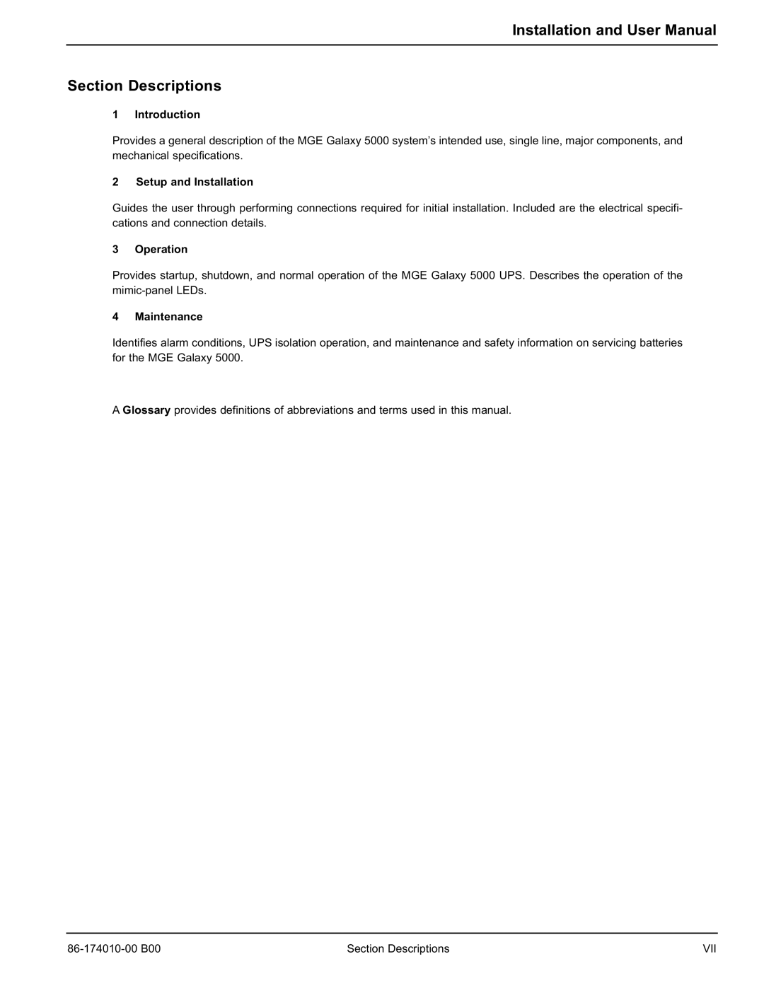 APC 40 130KVA user manual Section Descriptions, Introduction, Setup and Installation, Operation, Maintenance 