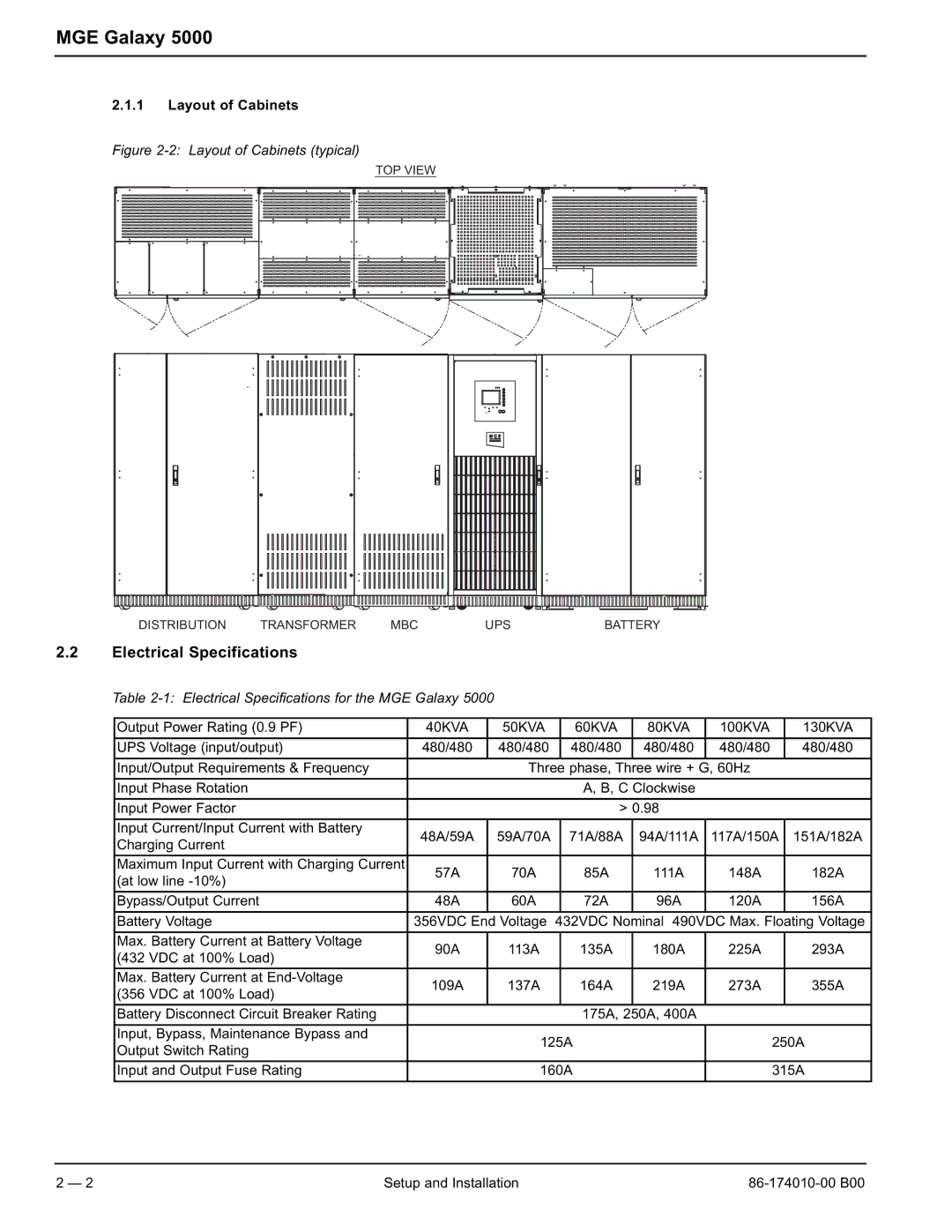 APC 40 130KVA user manual Electrical Specifications, Layout of Cabinets 