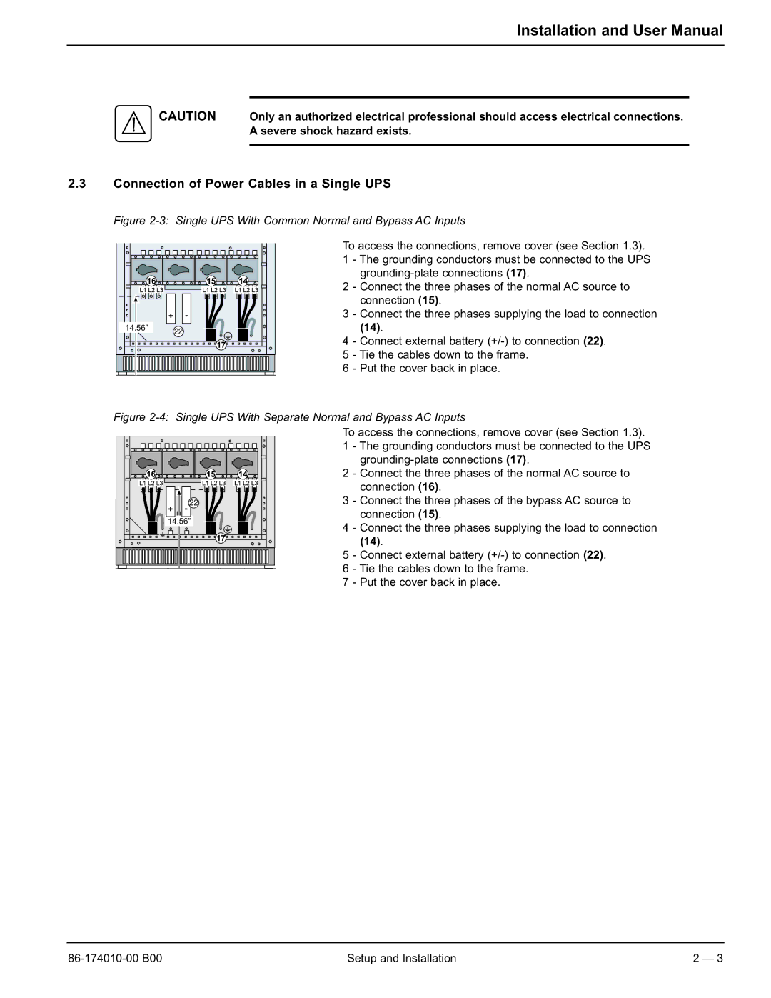 APC 40 130KVA user manual Connection of Power Cables in a Single UPS, Single UPS With Common Normal and Bypass AC Inputs 