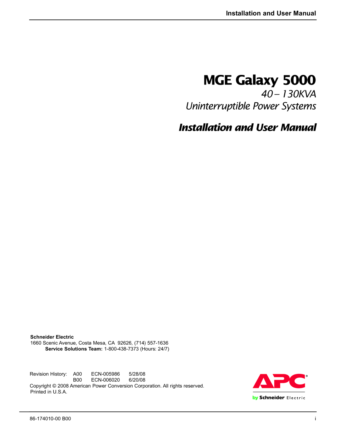 APC 40 130KVA user manual MGE Galaxy, Schneider Electric 