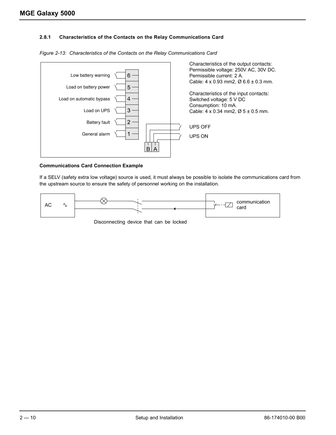 APC 40 130KVA user manual Characteristics of the input contacts, Communications Card Connection Example 