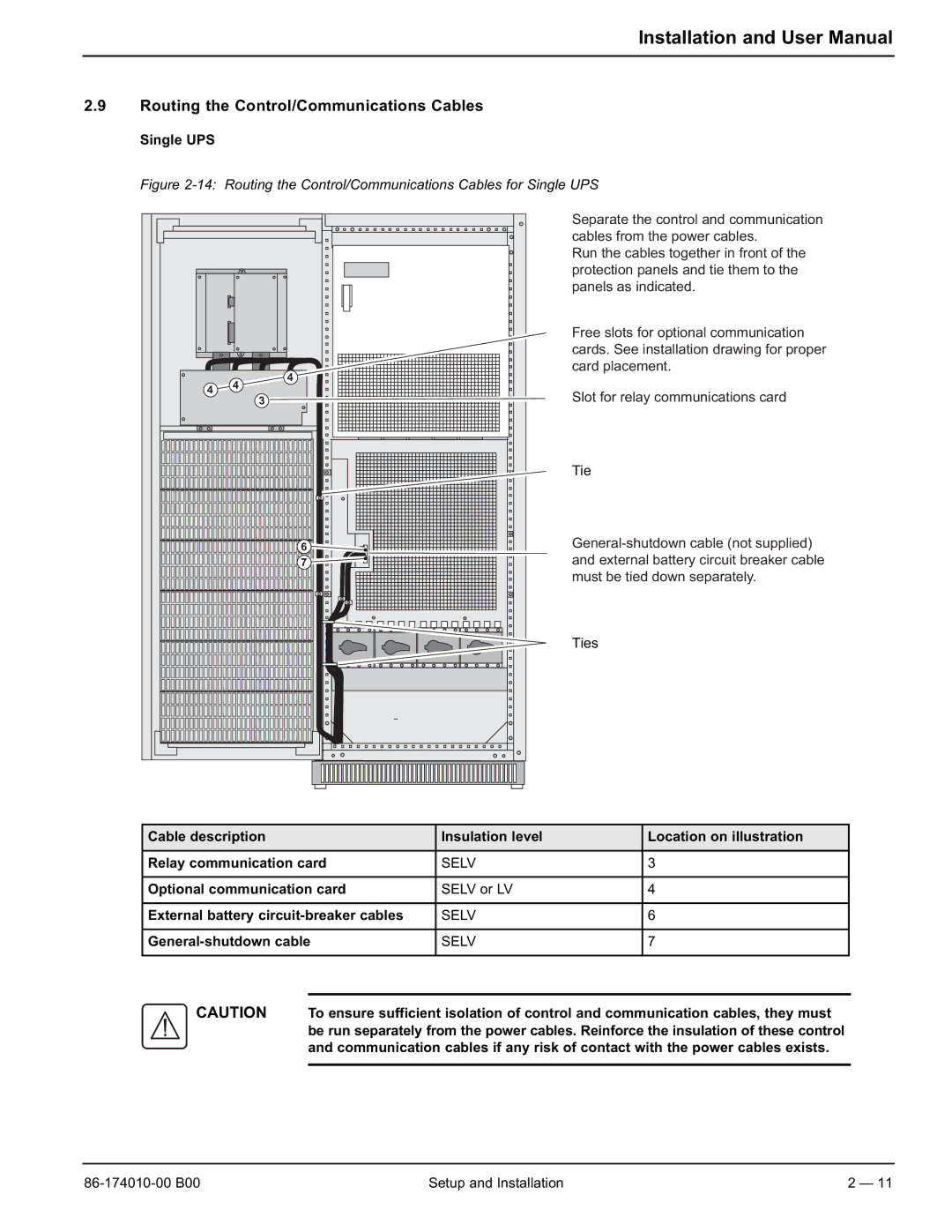 APC 40 130KVA user manual Routing the Control/Communications Cables, Single UPS, General-shutdown cable 