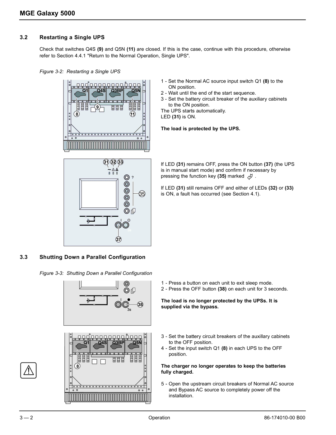 APC 40 130KVA user manual Restarting a Single UPS, Shutting Down a Parallel Configuration, Load is protected by the UPS 