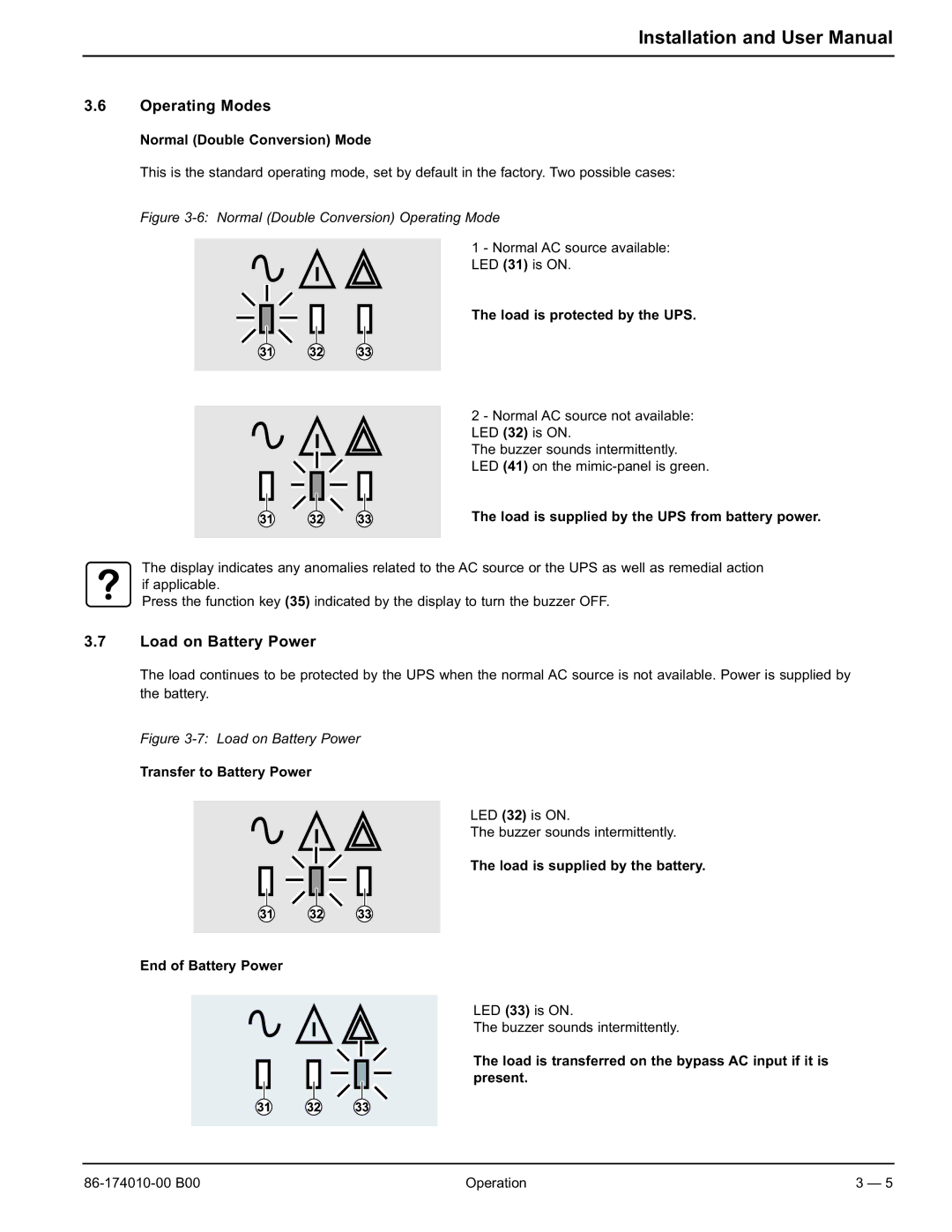 APC 40 130KVA user manual Operating Modes, Load on Battery Power 