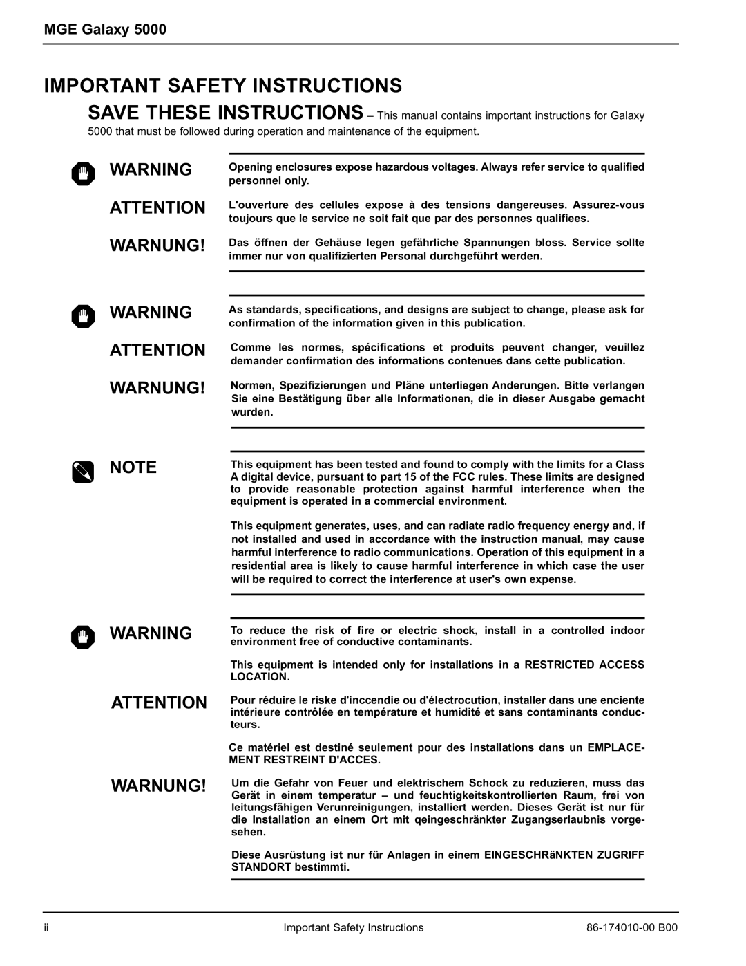 APC 40 130KVA user manual Important Safety Instructions, MGE Galaxy 