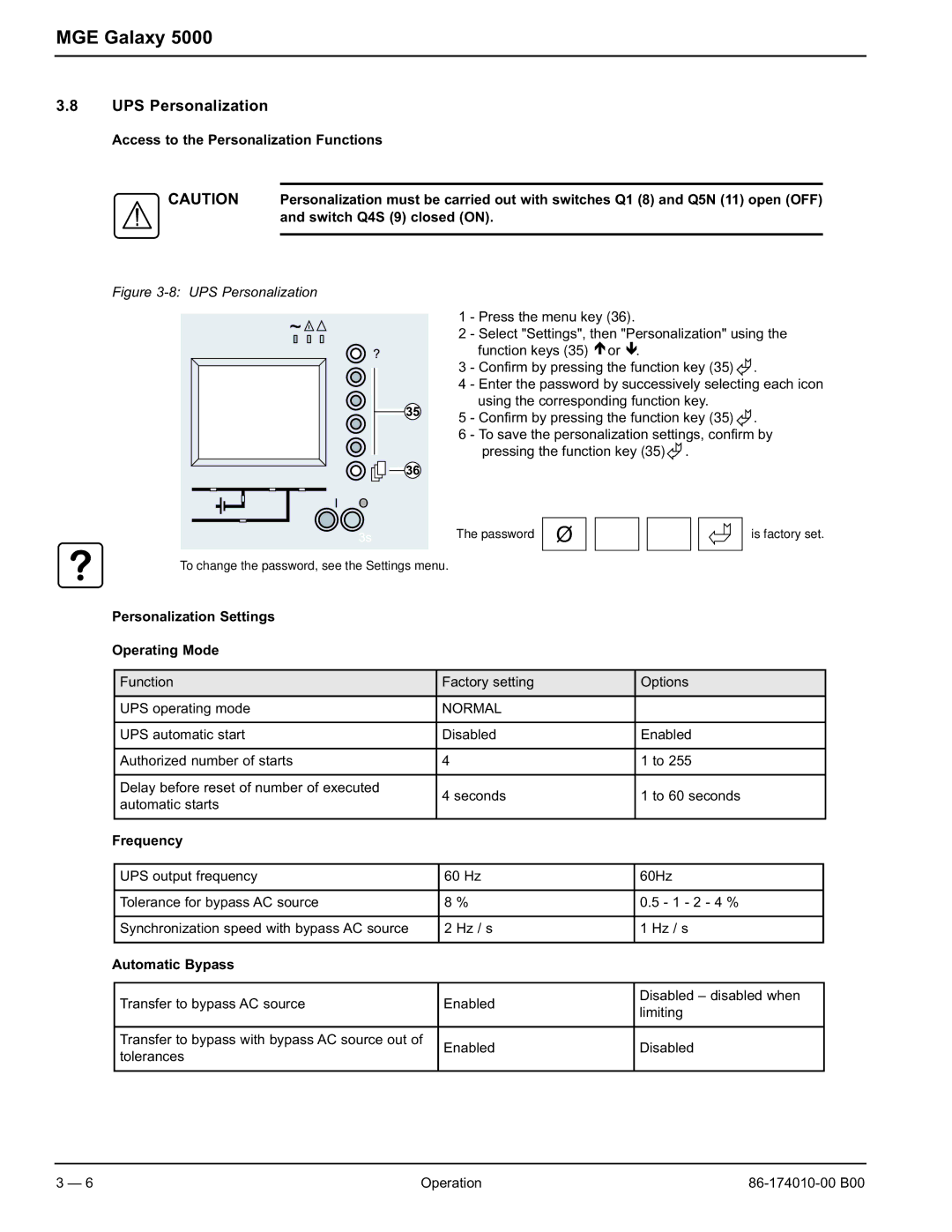 APC 40 130KVA UPS Personalization, Access to the Personalization Functions, Personalization Settings Operating Mode 