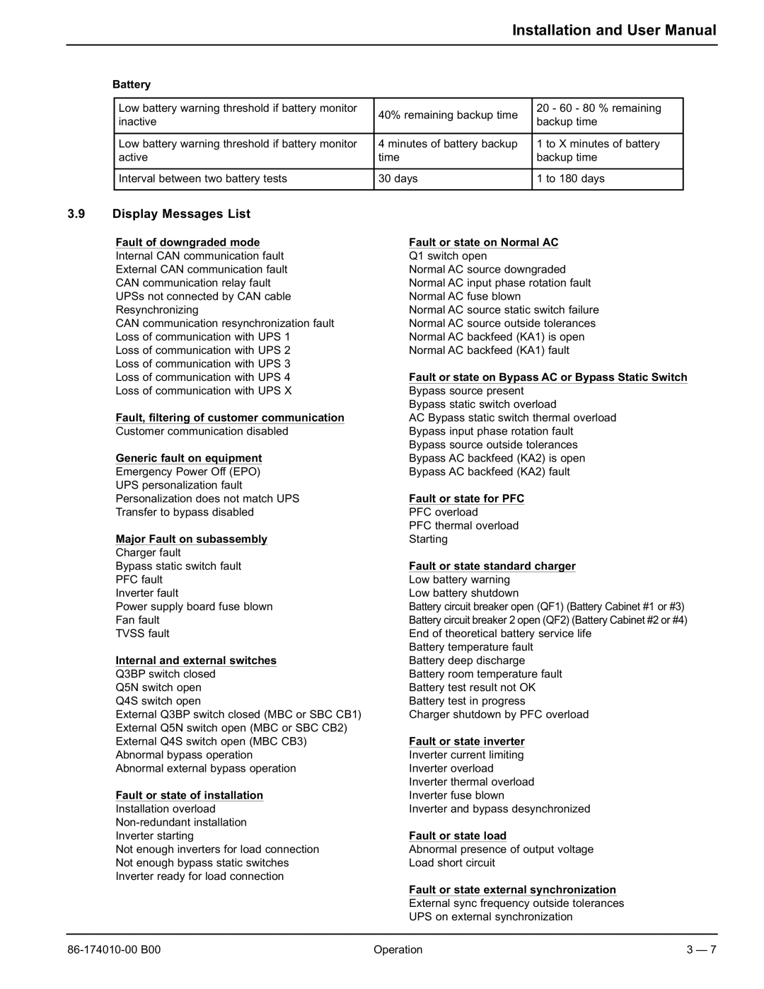 APC 40 130KVA user manual Display Messages List 