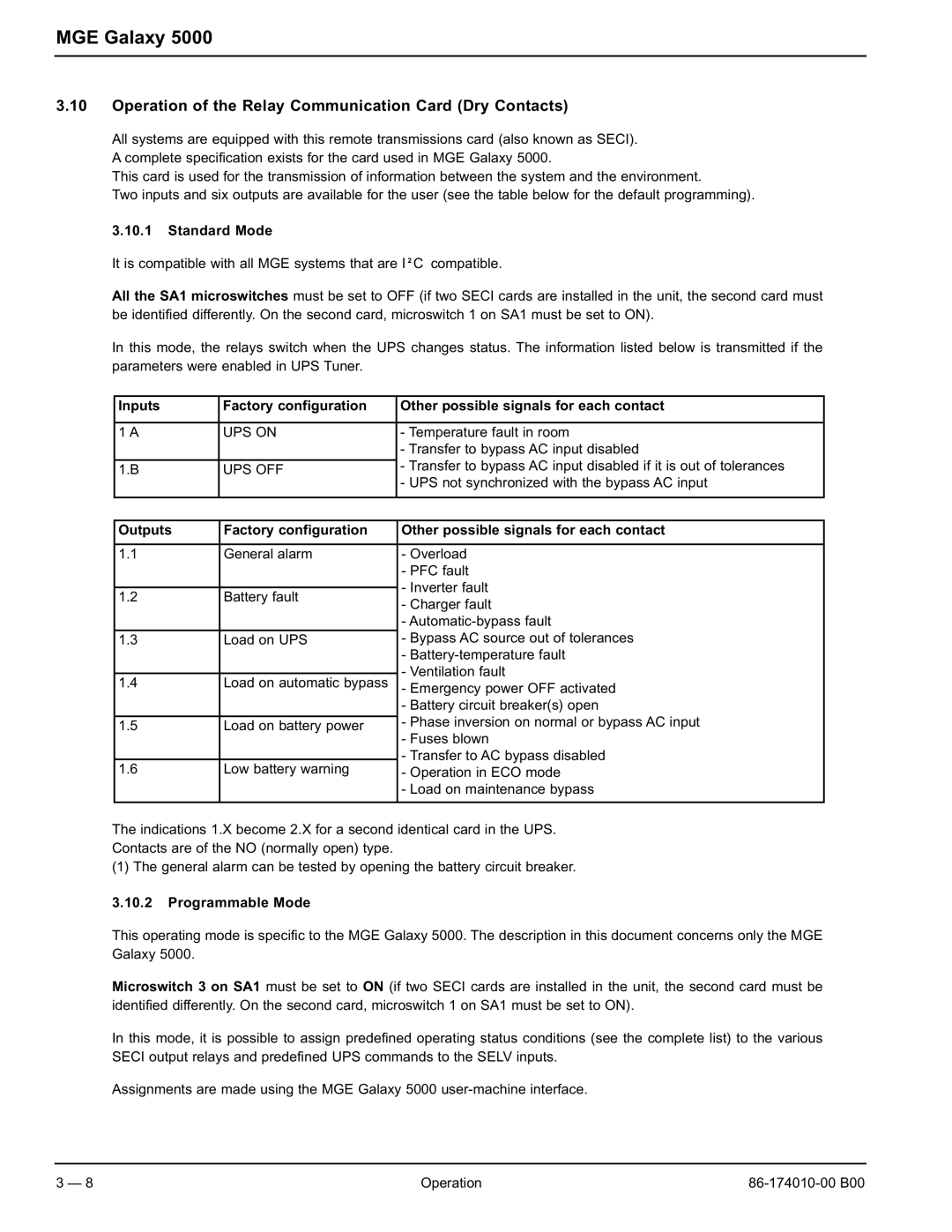 APC 40 130KVA user manual Operation of the Relay Communication Card Dry Contacts, Standard Mode, Programmable Mode 