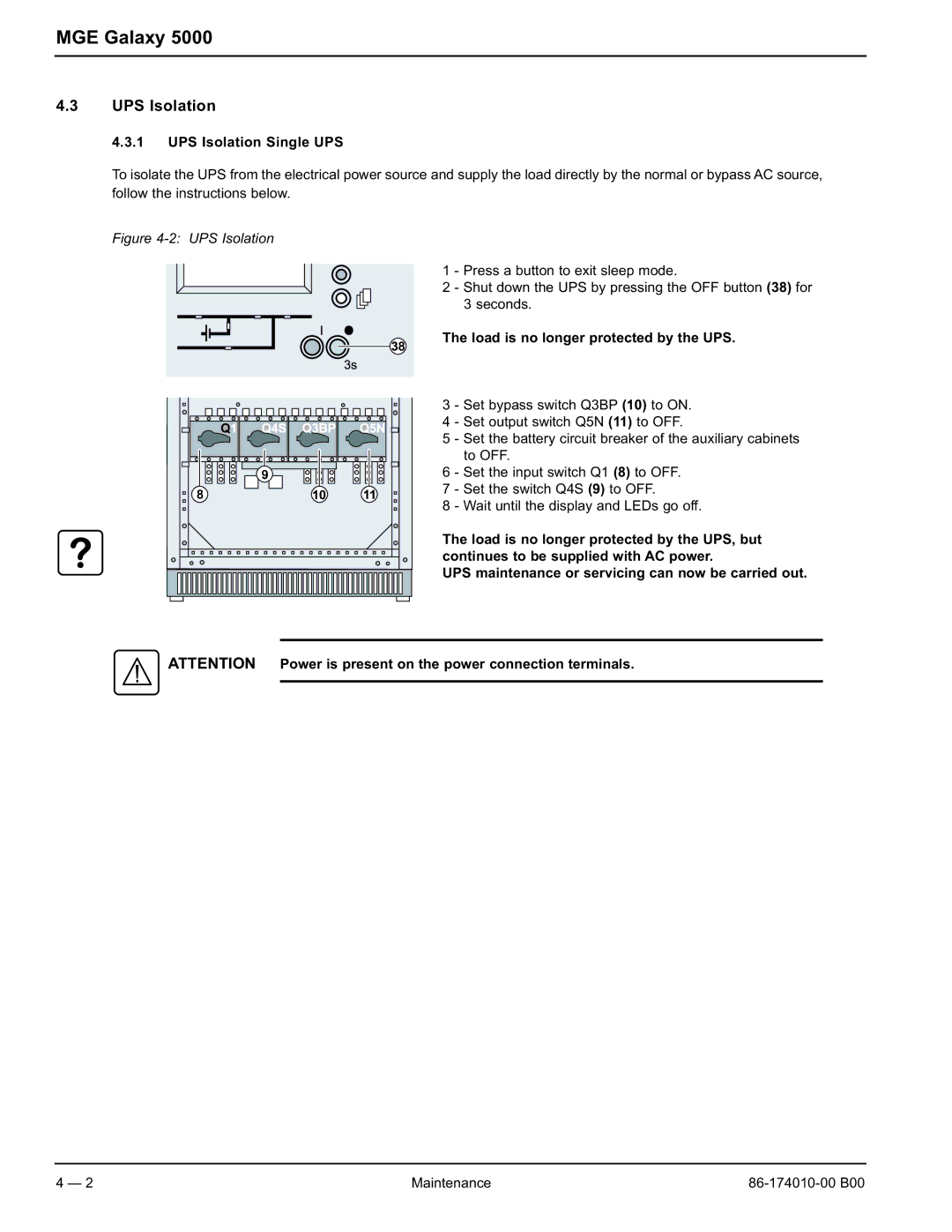 APC 40 130KVA user manual UPS Isolation Single UPS, Load is no longer protected by the UPS 