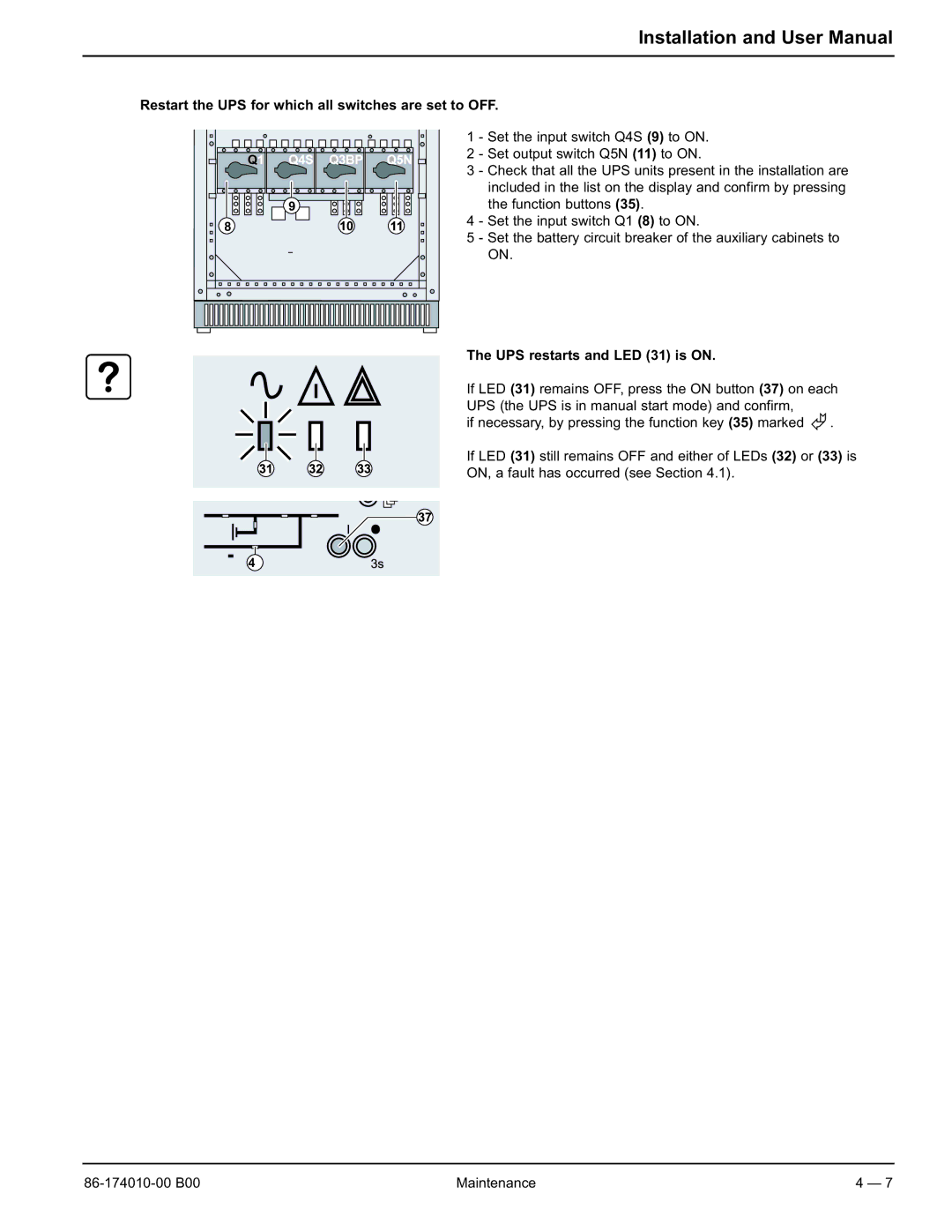 APC 40 130KVA user manual Restart the UPS for which all switches are set to OFF, UPS restarts and LED 31 is on 