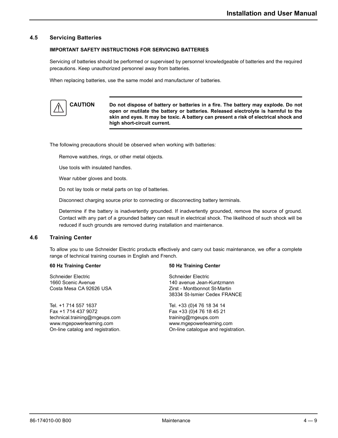 APC 40 130KVA user manual Servicing Batteries, Hz Training Center 