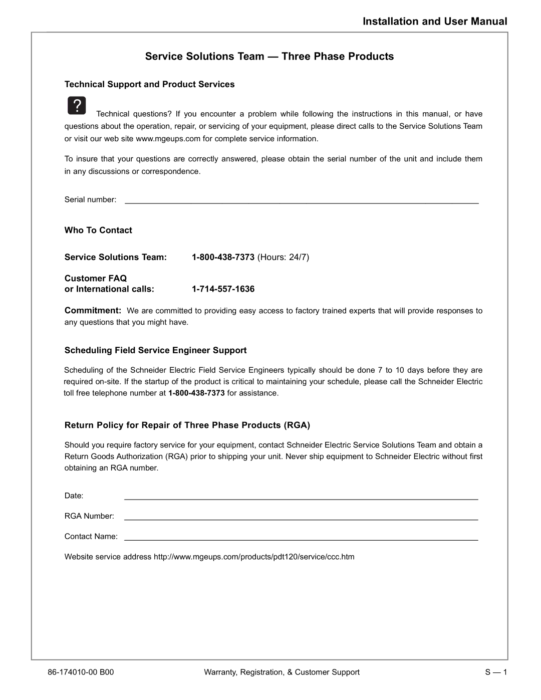 APC 40 130KVA user manual Technical Support and Product Services, Scheduling Field Service Engineer Support 