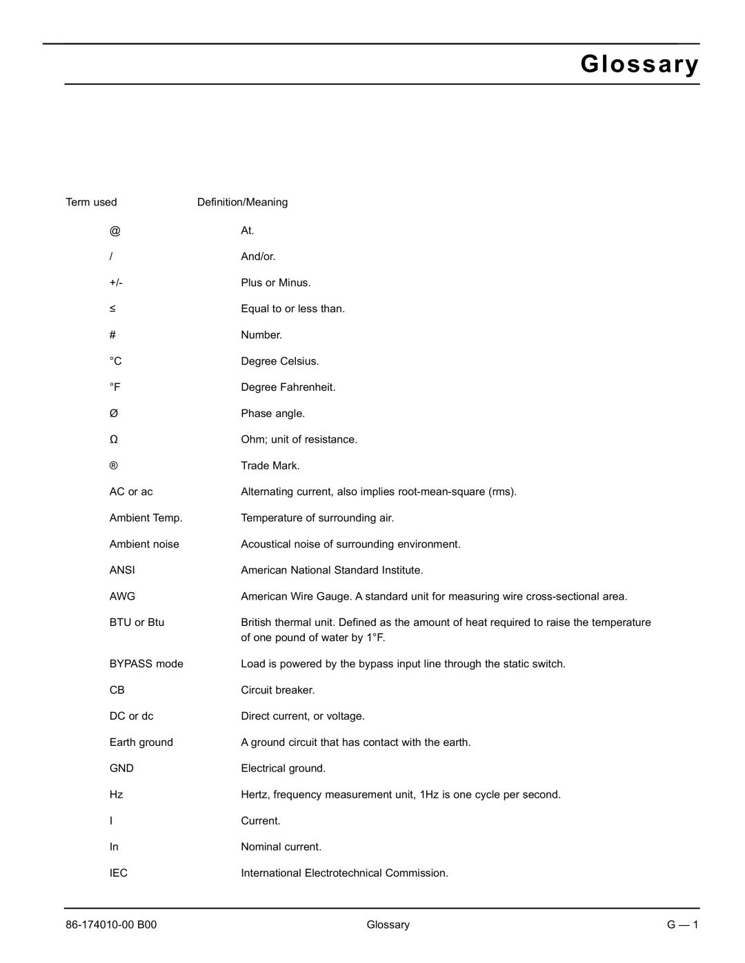 APC 40 130KVA user manual Glossary, Awg 