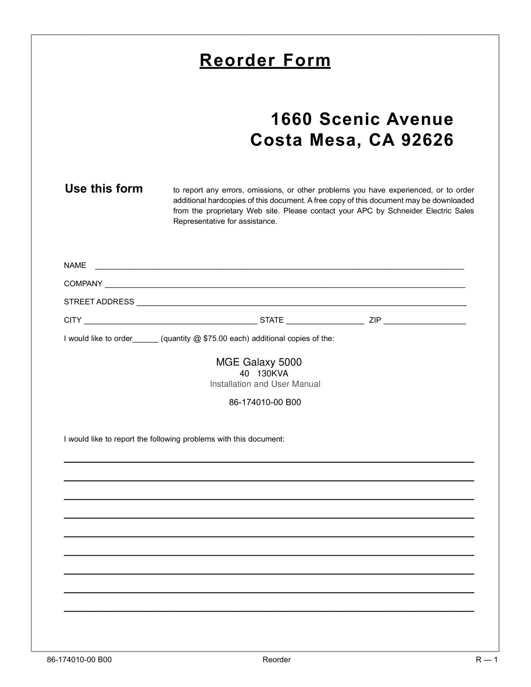 APC 40 130KVA user manual Reorder Form Scenic Avenue Costa Mesa, CA, Use this form 