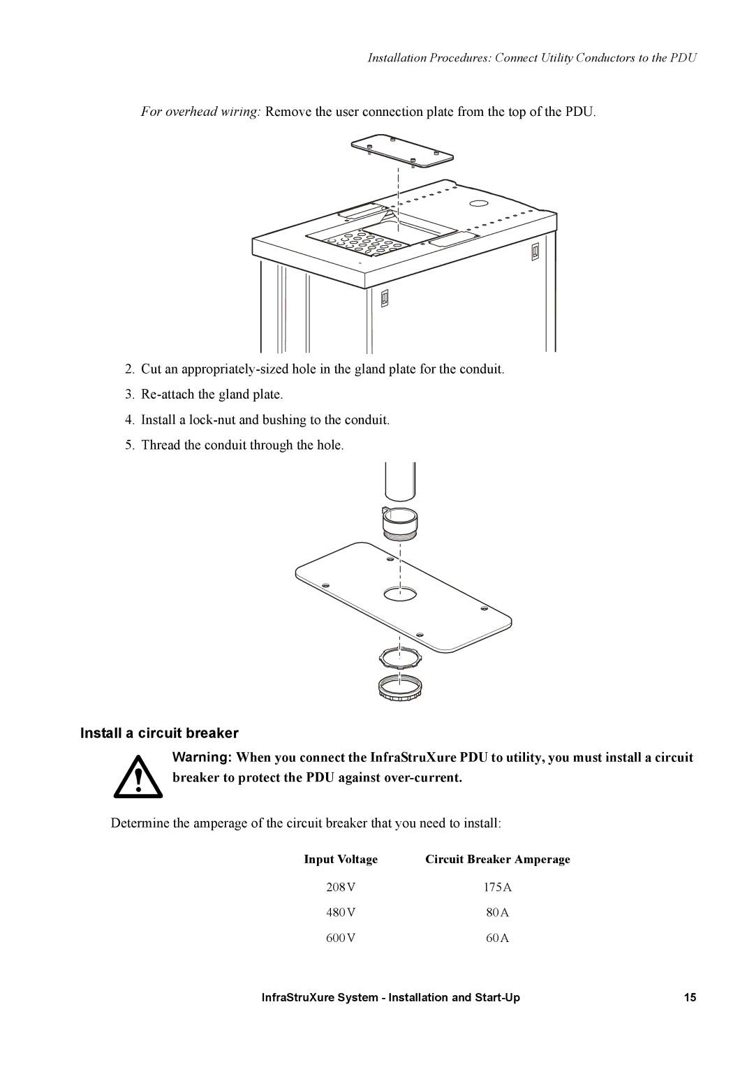 APC 208, 480, 600 manual Install a circuit breaker, Input Voltage Circuit Breaker Amperage 