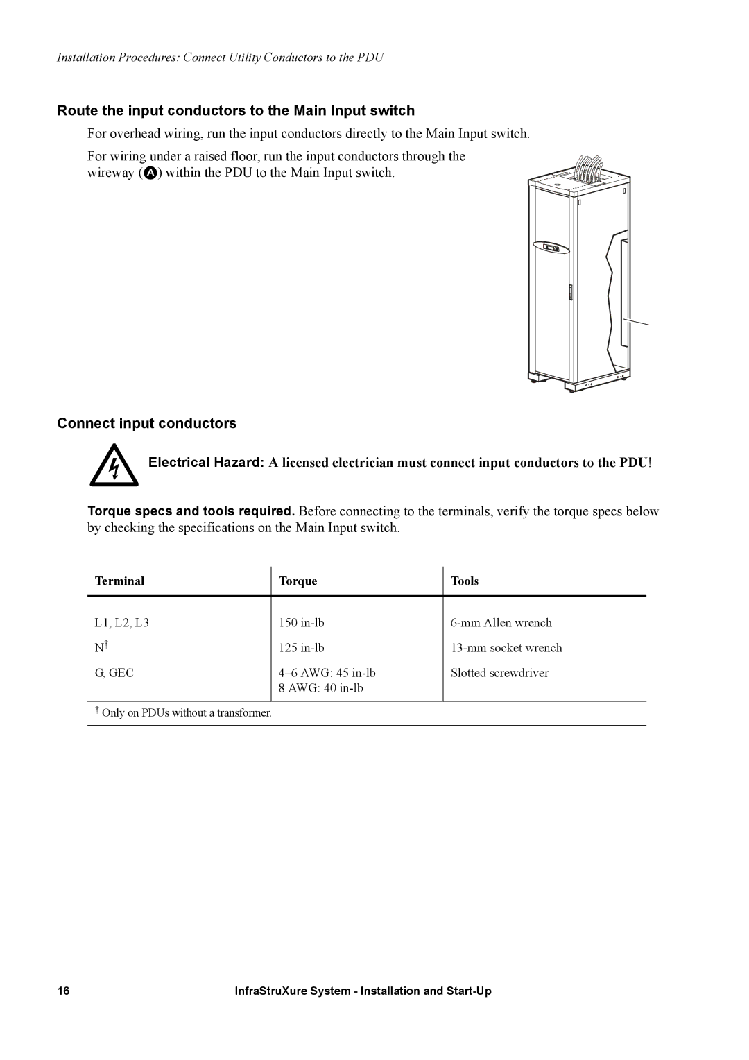 APC 600, 480, 208 manual Route the input conductors to the Main Input switch, Connect input conductors 