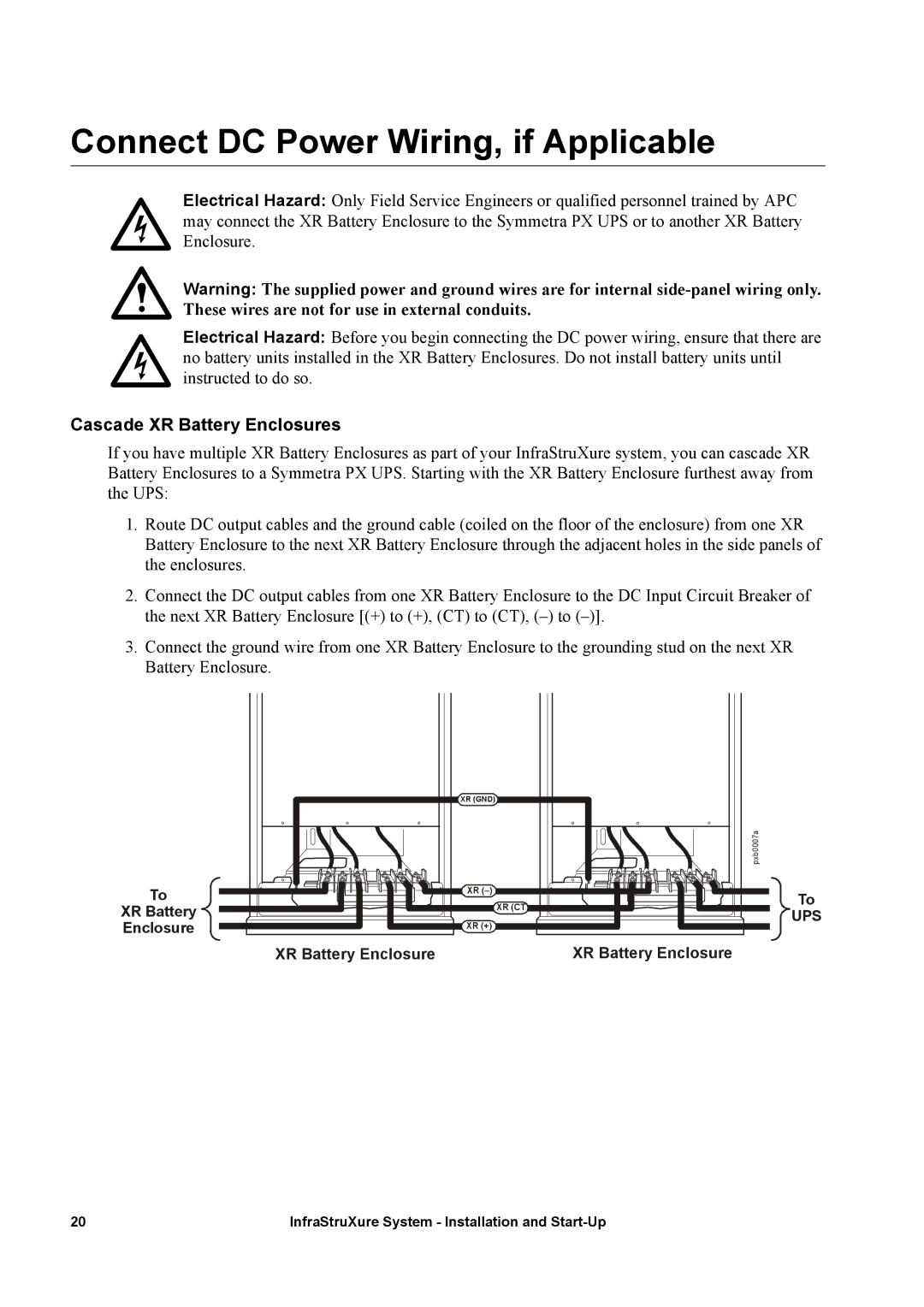 APC 480, 208, 600 manual Connect DC Power Wiring, if Applicable, Cascade XR Battery Enclosures 