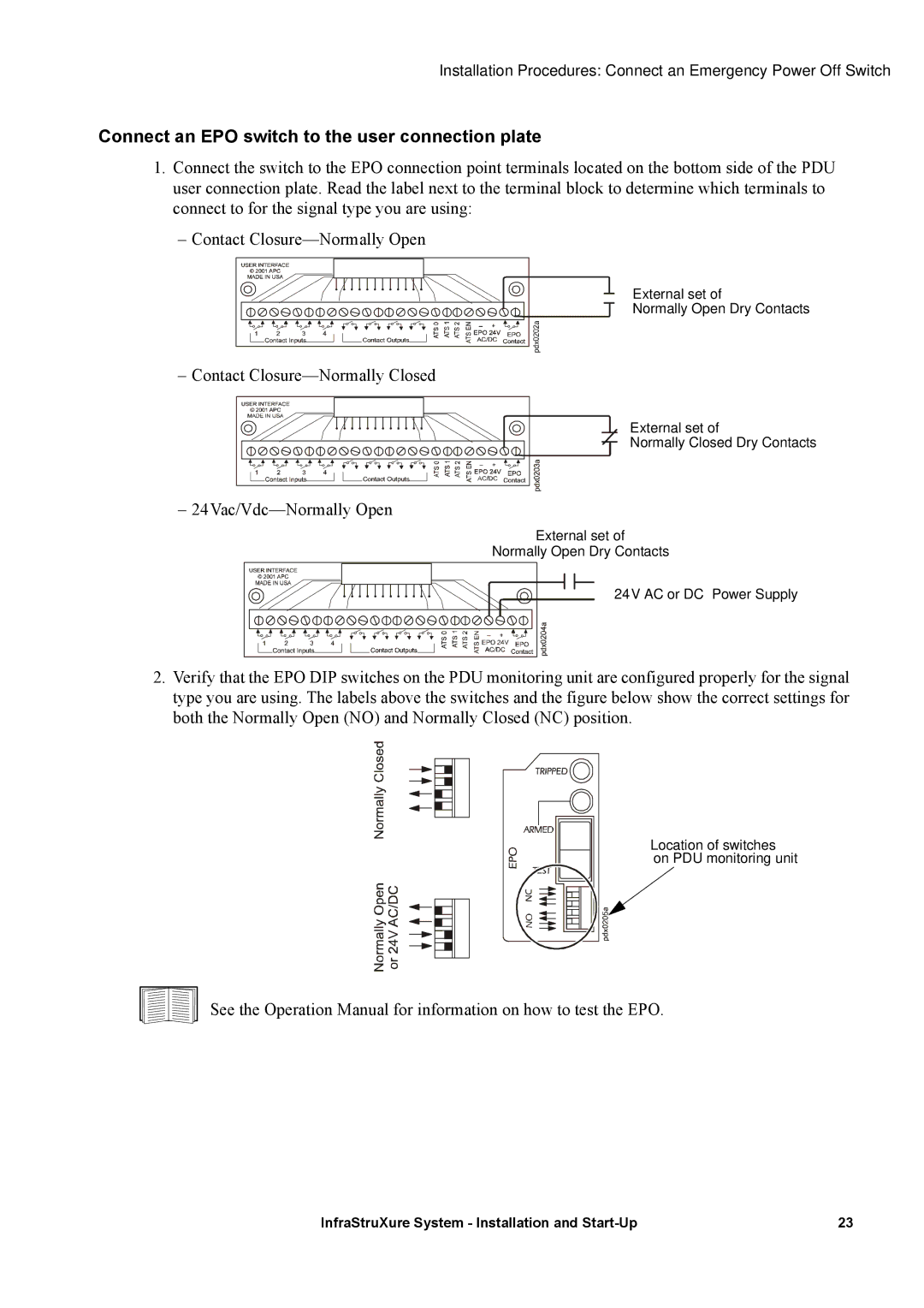 APC 480, 208, 600 manual Connect an EPO switch to the user connection plate 