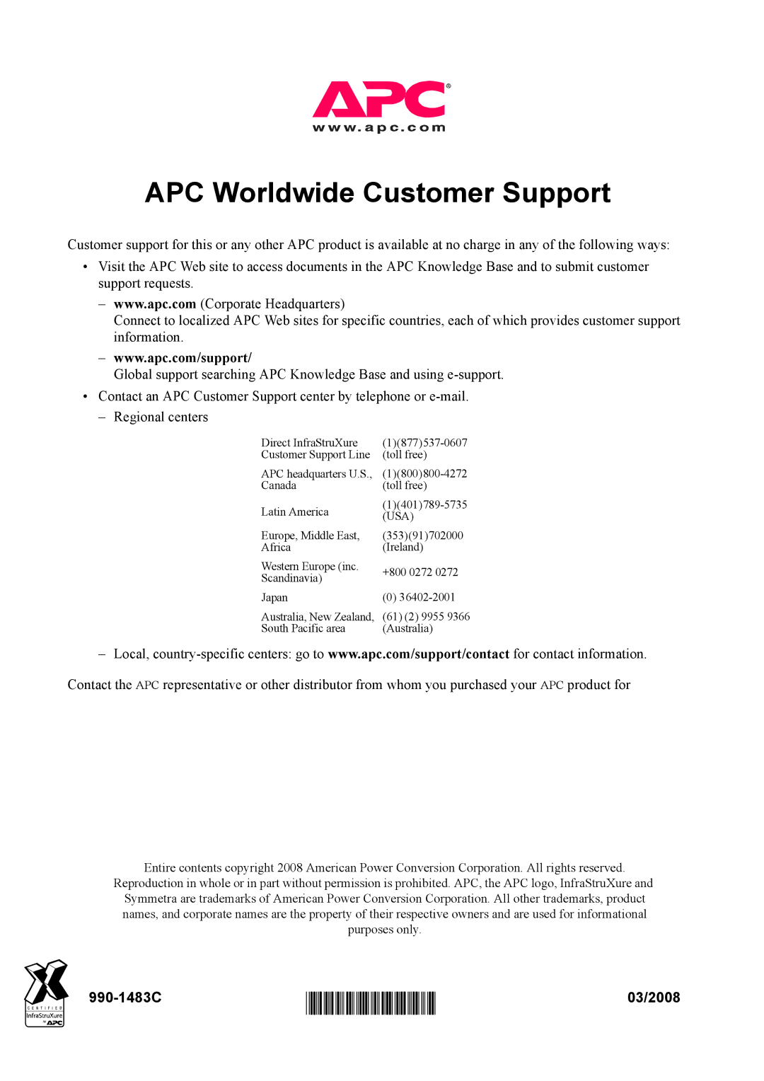 APC 480, 208, 600 manual APC Worldwide Customer Support, 990-1483C, 03/2008 