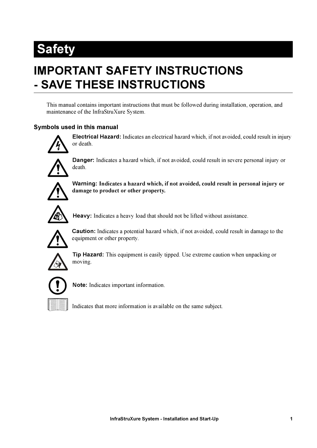 APC 600, 480, 208 Safety, Symbols used in this manual 