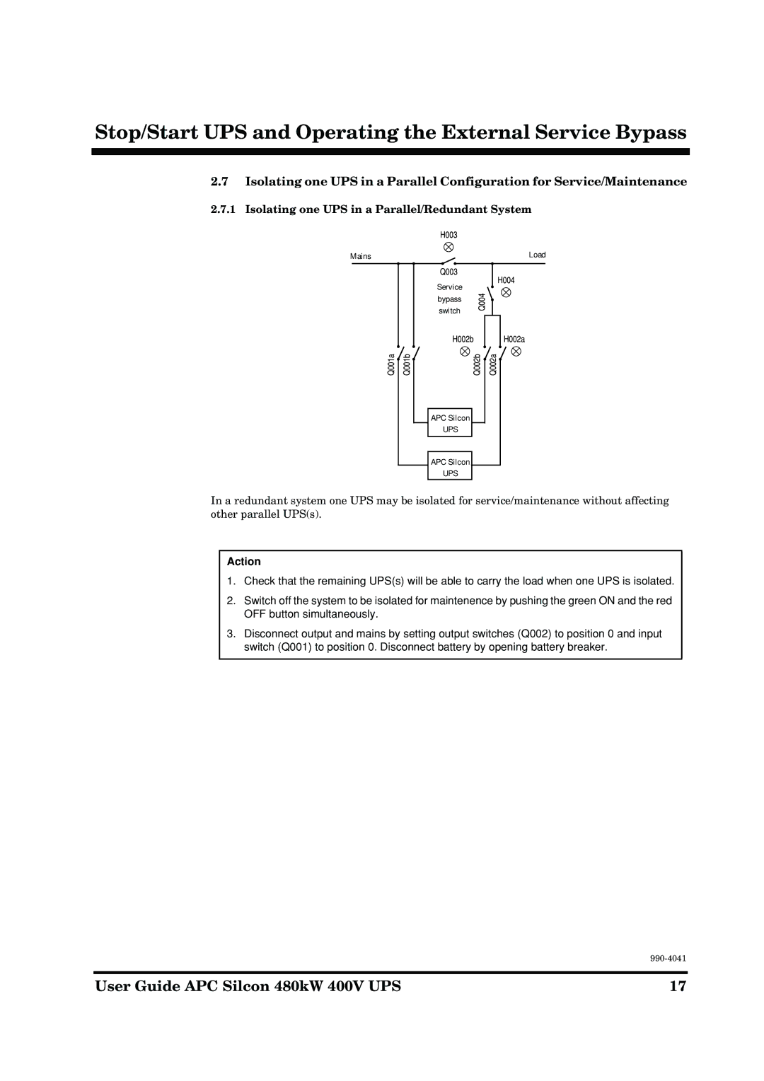 APC 480kW 400V manual Isolating one UPS in a Parallel/Redundant System 