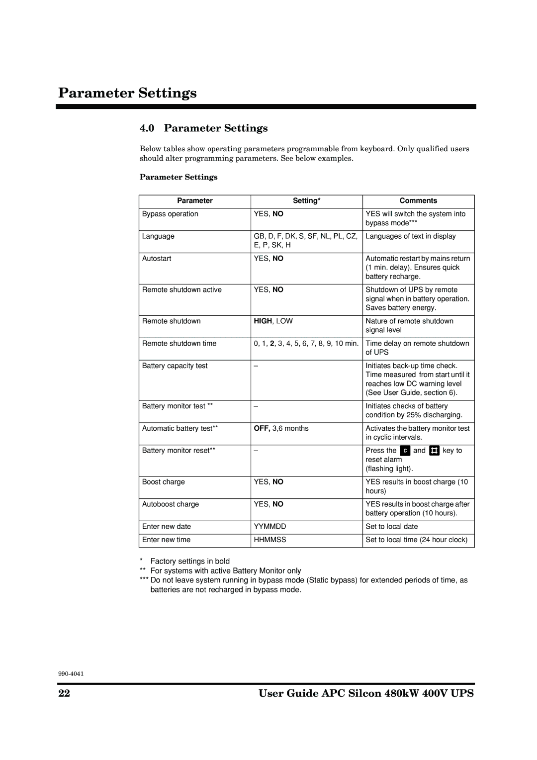 APC 480kW 400V manual Parameter Settings 