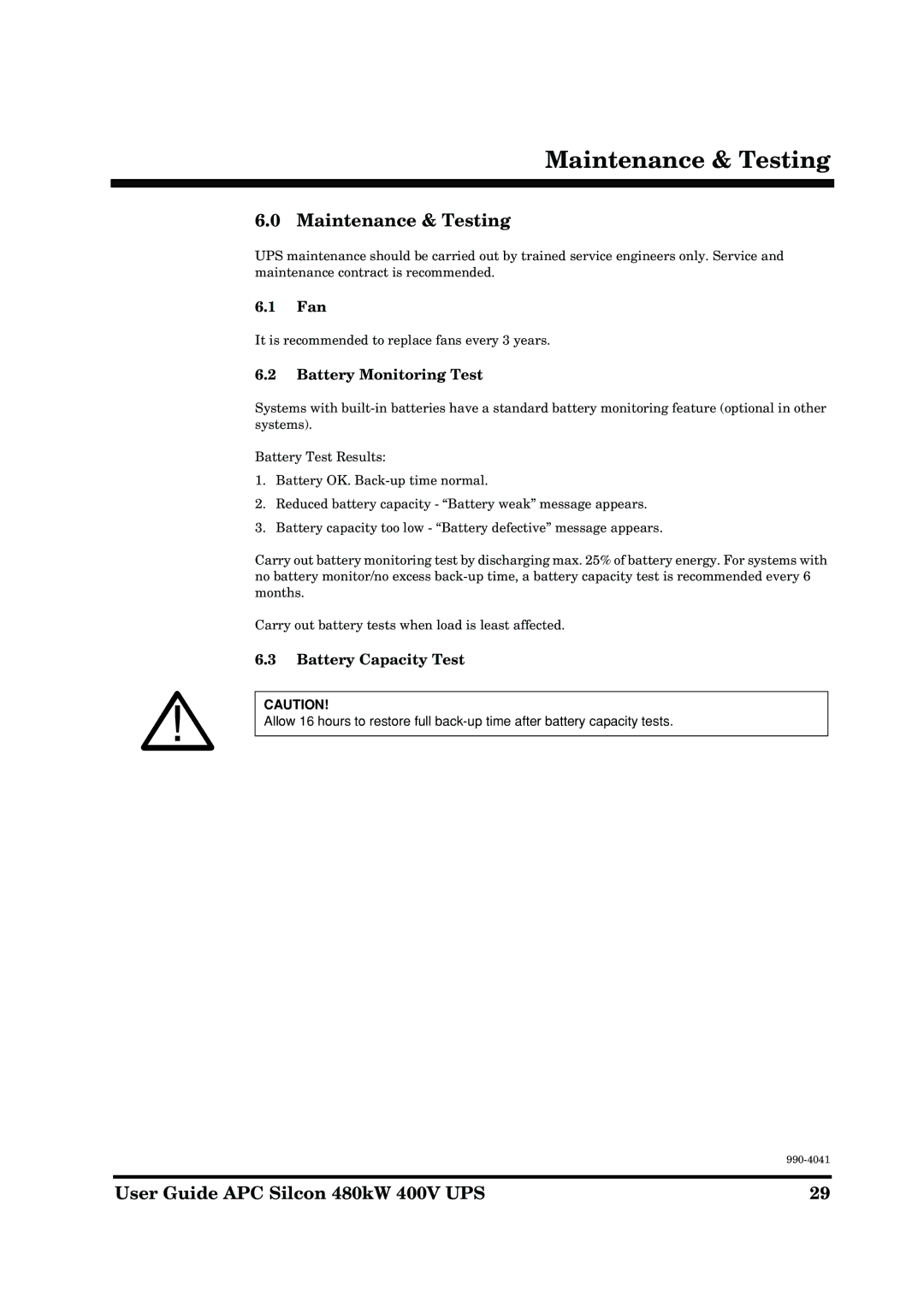 APC 480kW 400V manual Maintenance & Testing, Fan, Battery Monitoring Test, Battery Capacity Test 