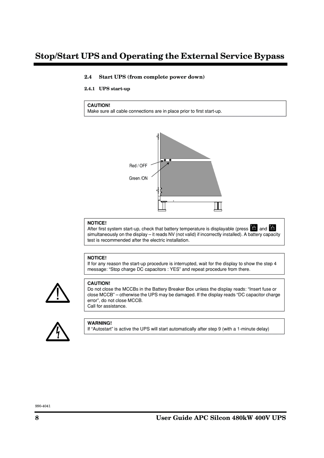 APC 480kW 400V manual Start UPS from complete power down, UPS start-up 