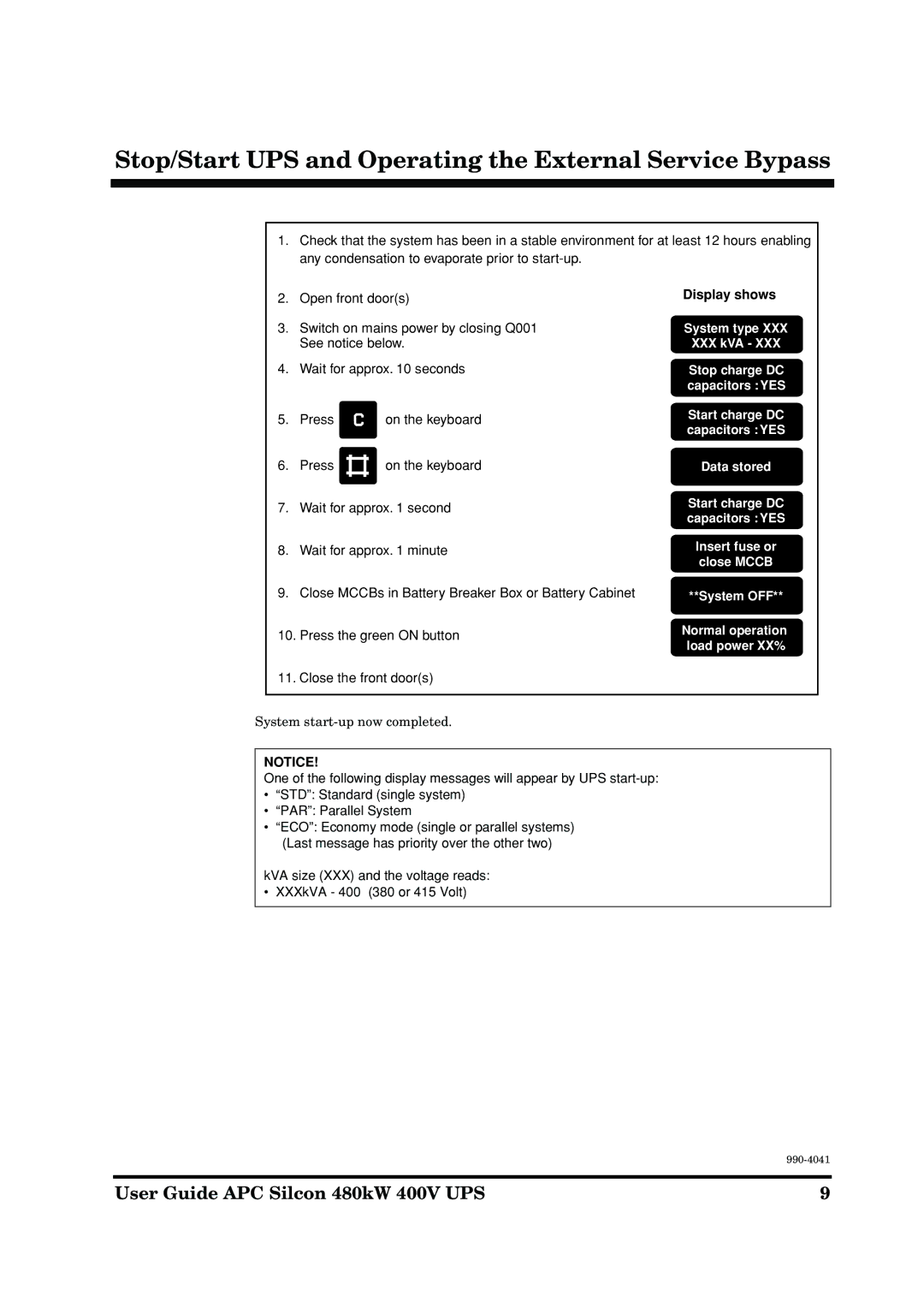 APC 480kW 400V manual Display shows, System OFF Normal operation load power XX% 
