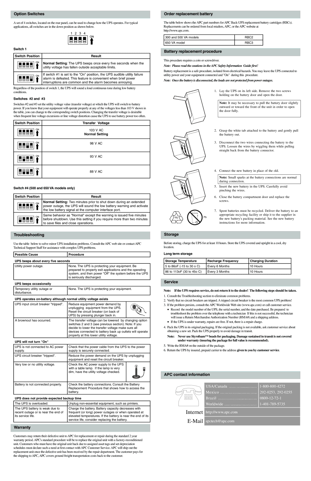 APC 500, 300 Option Switches, Troubleshooting, Warranty, Order replacement battery, Battery replacement procedure, Storage 