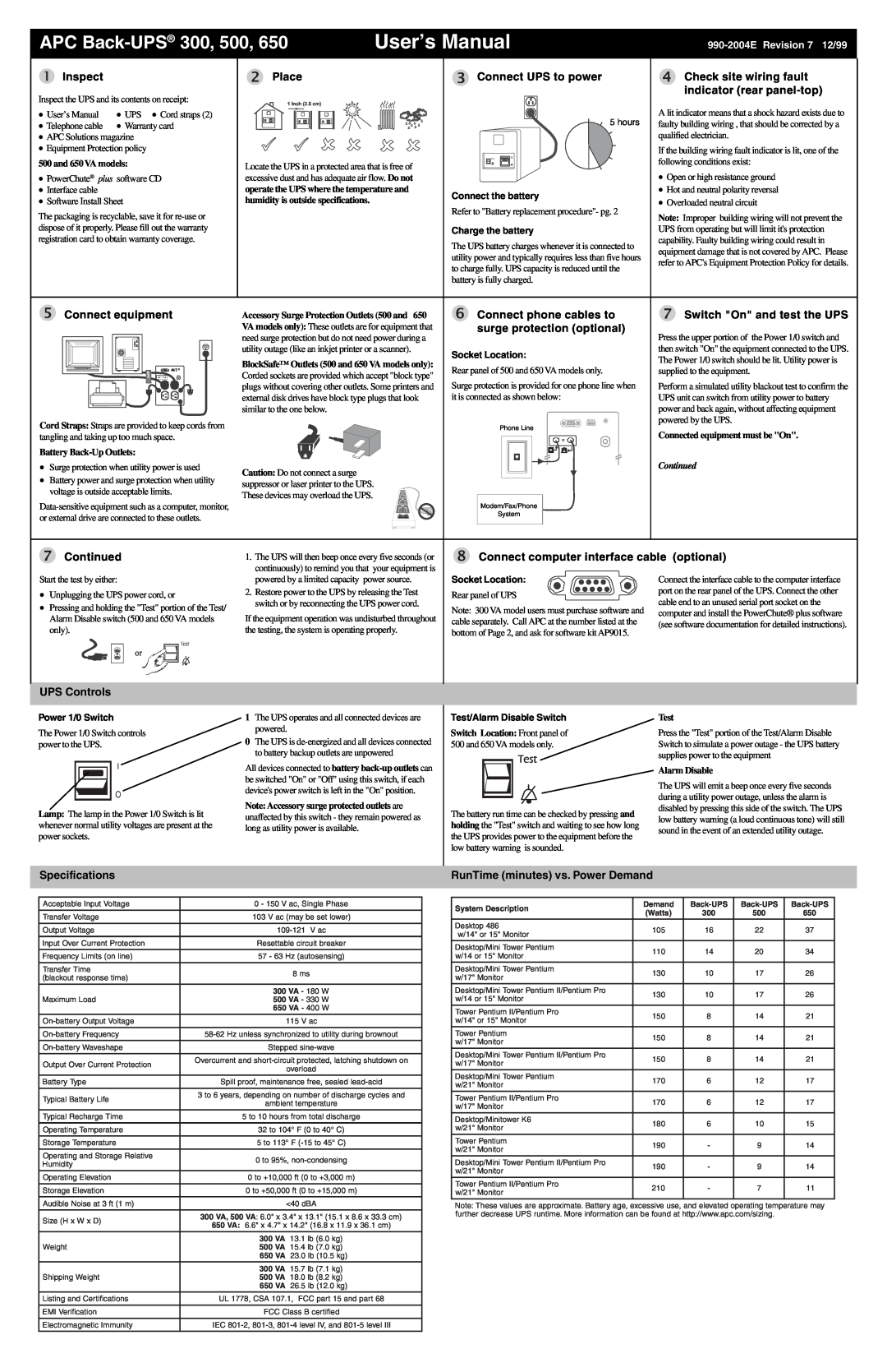 APC specifications User’s Manual, APC Back-UPS 300, 500 