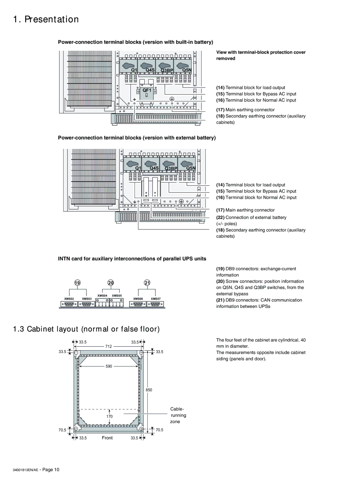 APC 5000 user manual Cabinet layout normal or false floor, View with terminal-block protection cover removed 