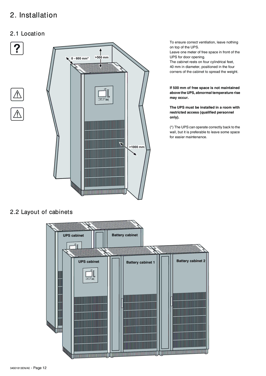 APC 5000 user manual Installation, Location, Layout of cabinets, UPS cabinet Battery cabinet 