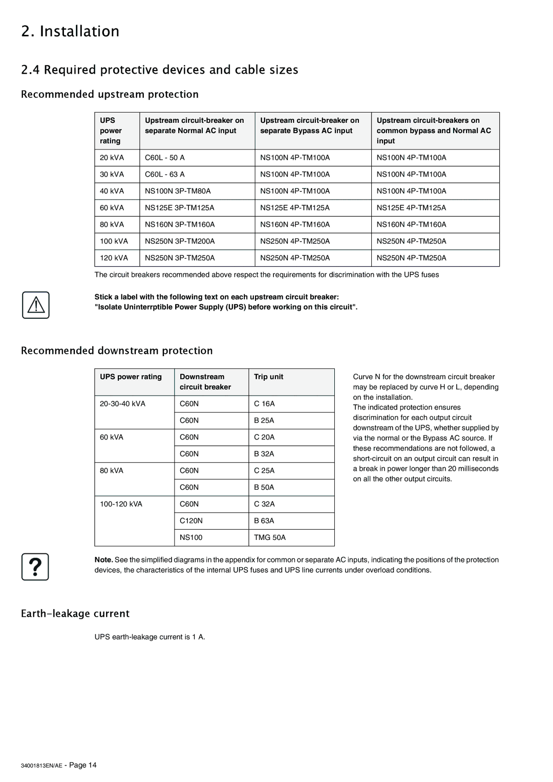 APC 5000 Required protective devices and cable sizes, Recommended upstream protection, Recommended downstream protection 