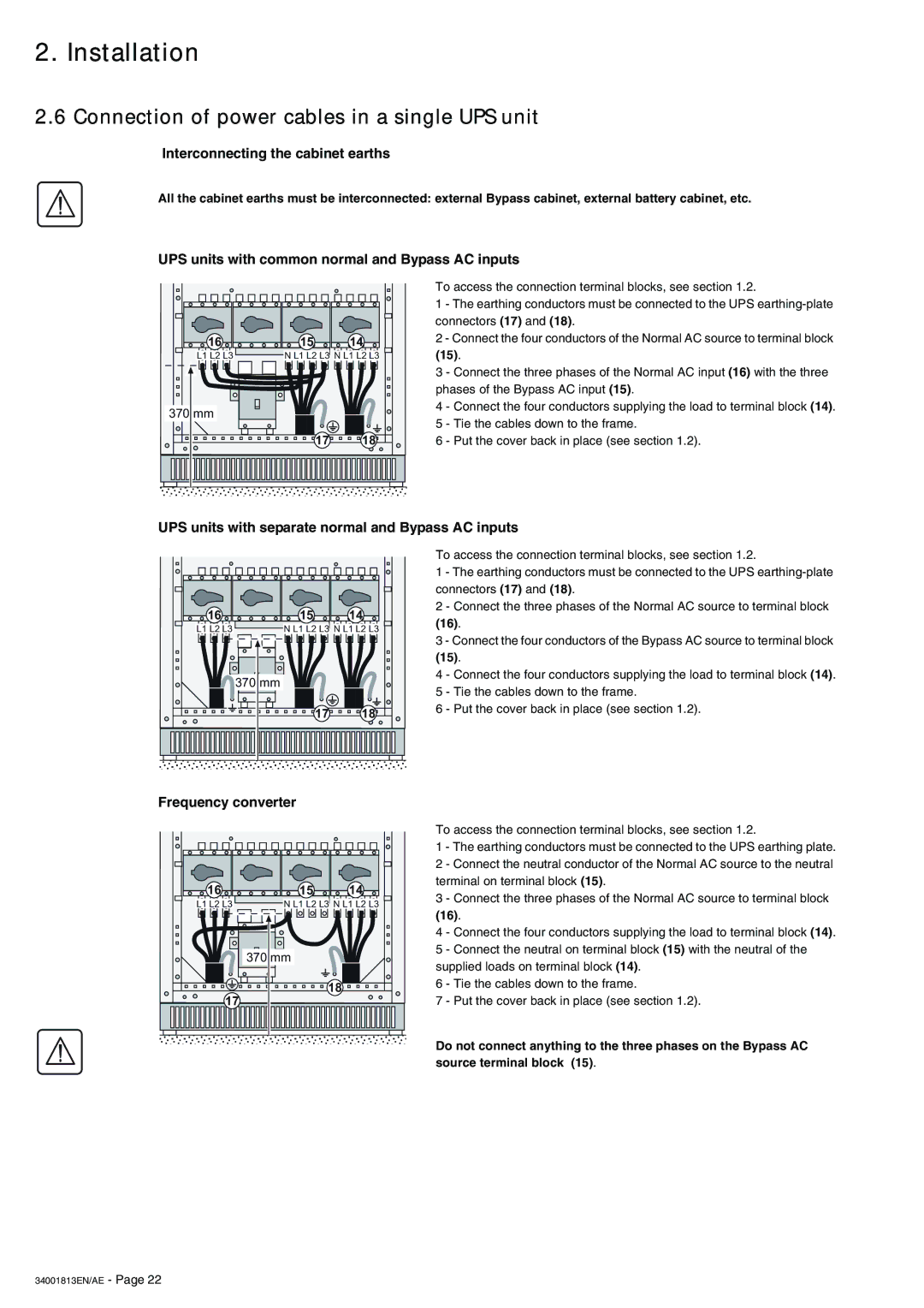 APC 5000 Connection of power cables in a single UPS unit, Interconnecting the cabinet earths, Frequency converter 
