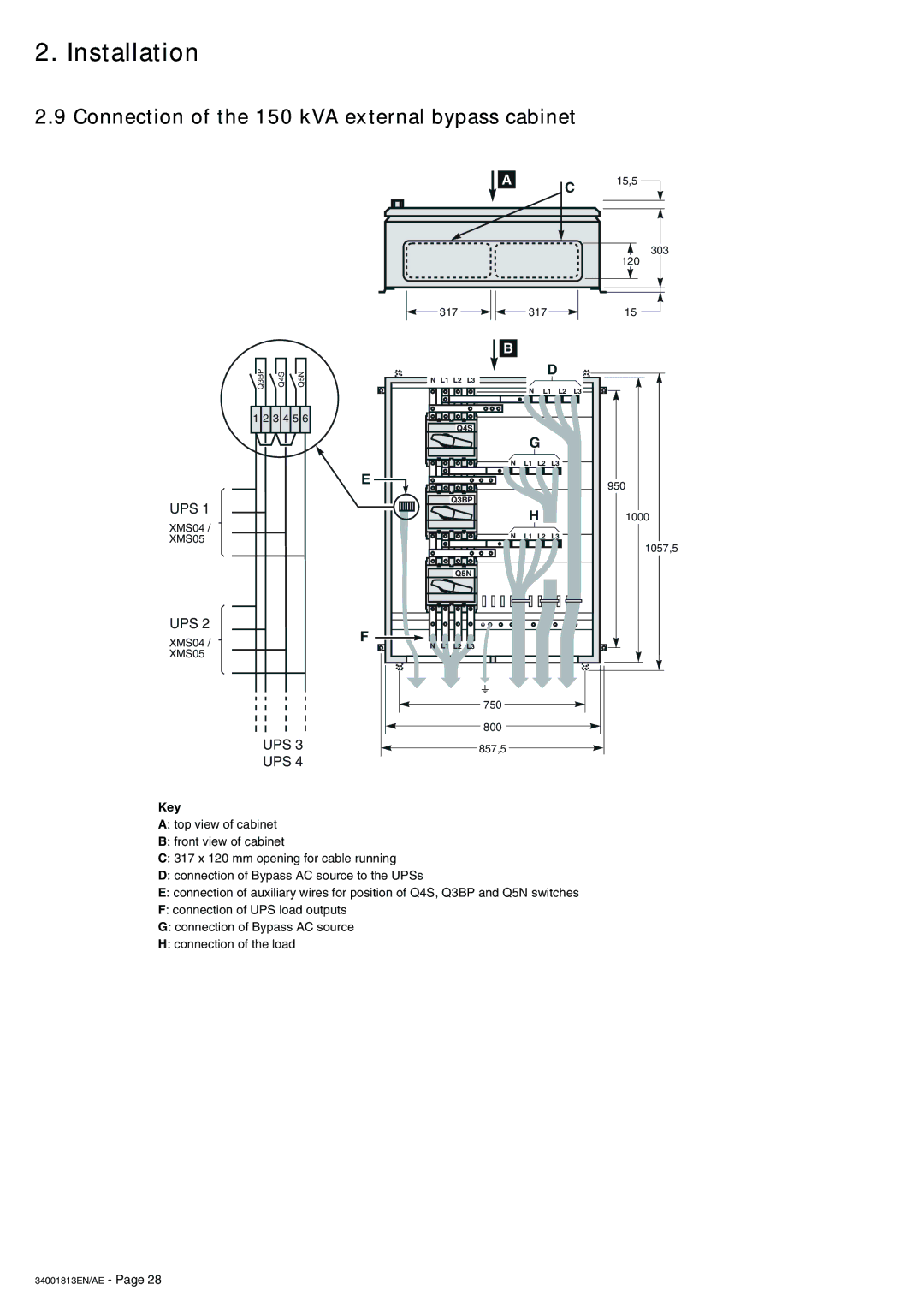 APC 5000 user manual Connection of the 150 kVA external bypass cabinet, Key 