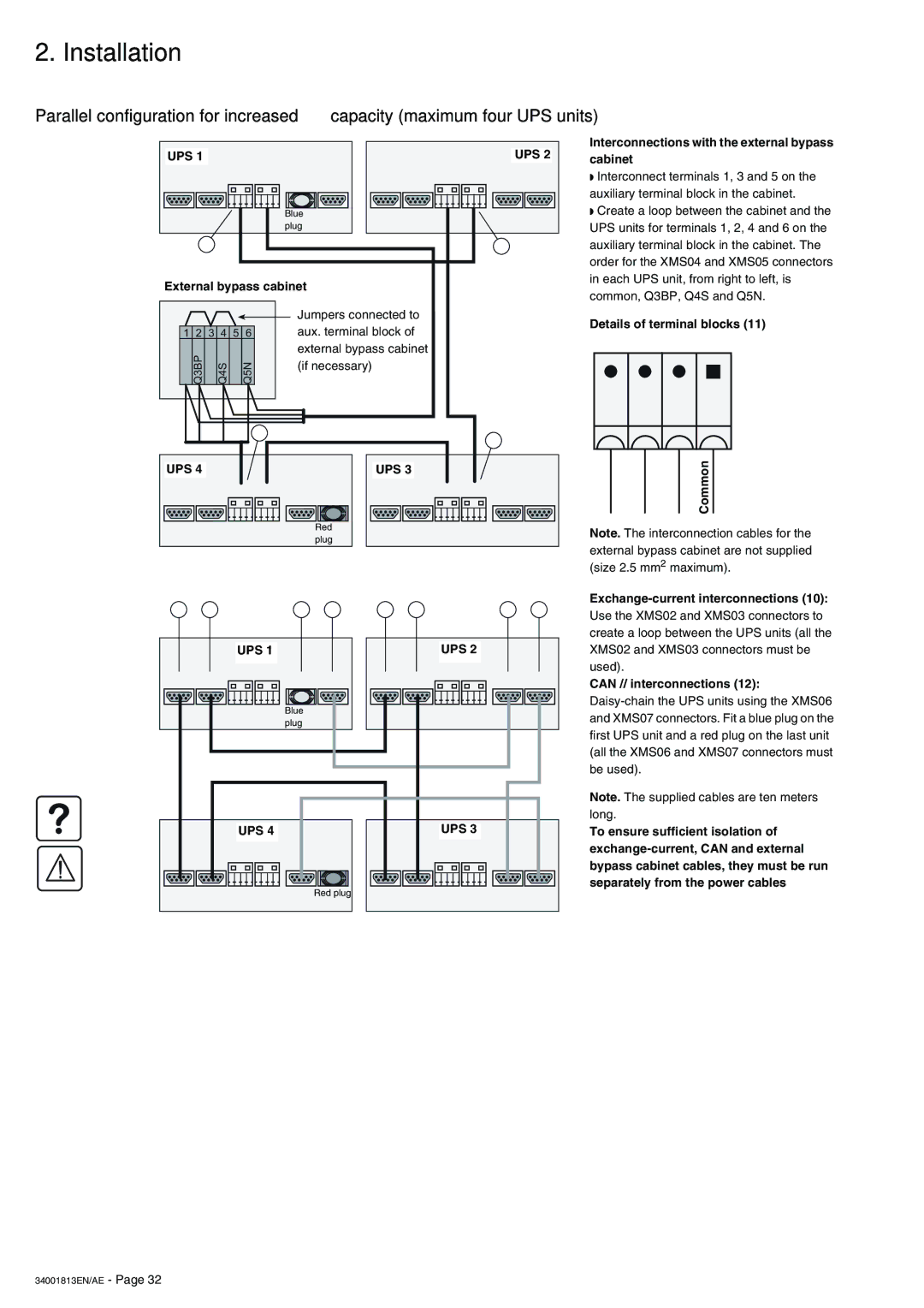 APC 5000 External bypass cabinet Jumpers connected to, Aux. terminal block, Details of terminal blocks XMS 04 / XMS 