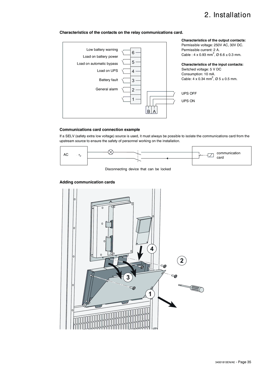 APC 5000 Communications card connection example, Adding communication cards, Characteristics of the output contacts 