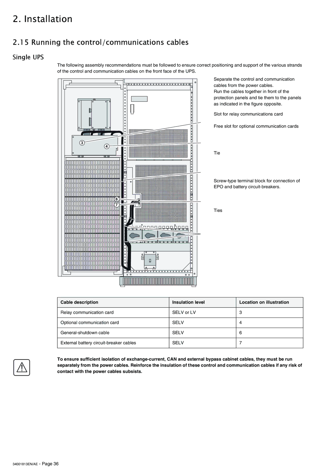 APC 5000 user manual Running the control/communications cables, Single UPS 