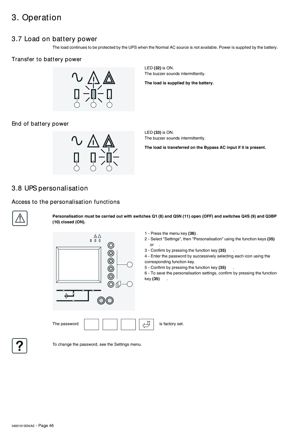 APC 5000 user manual Load on battery power, UPS personalisation, Transfer to battery power, End of battery power 